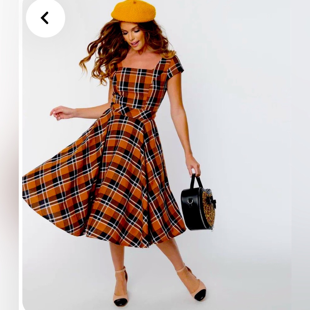 Unique Vintage Magnolia Place Pumpkin Spice Plaid Anna Swing Dress — Size XL
